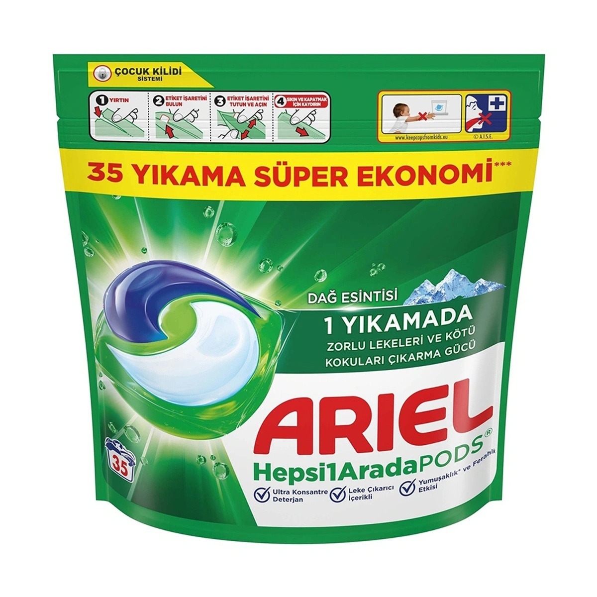 ariel-all-in-one-35pcs-dag-esintisi بالشتک لباسشویی آریل All in One رایحه کوهستان بسته 35 عددی - تصویر 1
