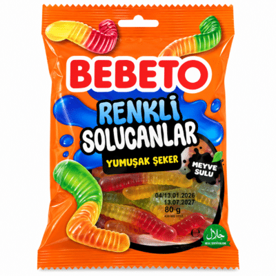 پاستیل کرمی رنگارنگ ببتو Bebeto Renkli Solucanlar وزن 80 گرم